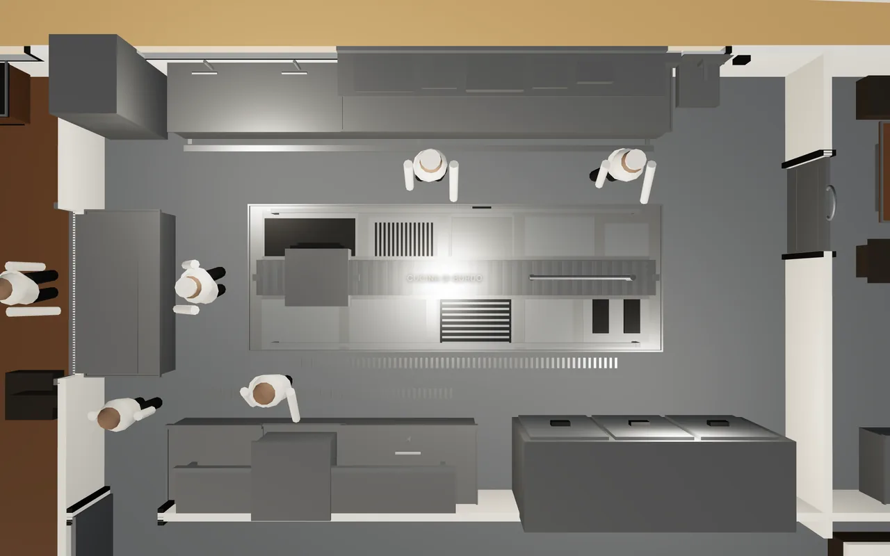 Yacht galley from above: cooking block, pass and dishwash line